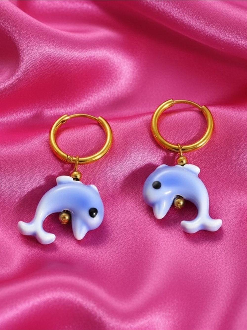 Gold Hoop Earrings with Blue Dolphin‎ Charms - Summer Women Jewelry